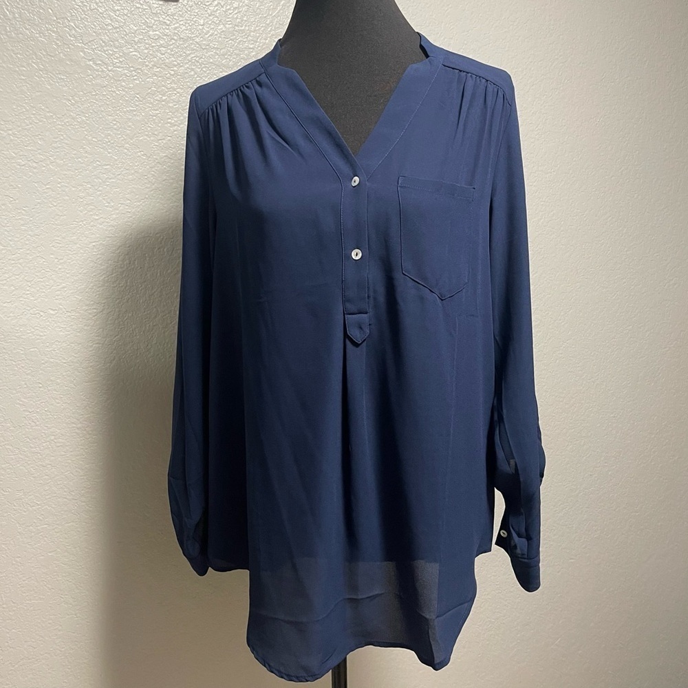 ModCloth Women’s Navy Blue Roll Tab Sleeve Sheer Top MEDIUM